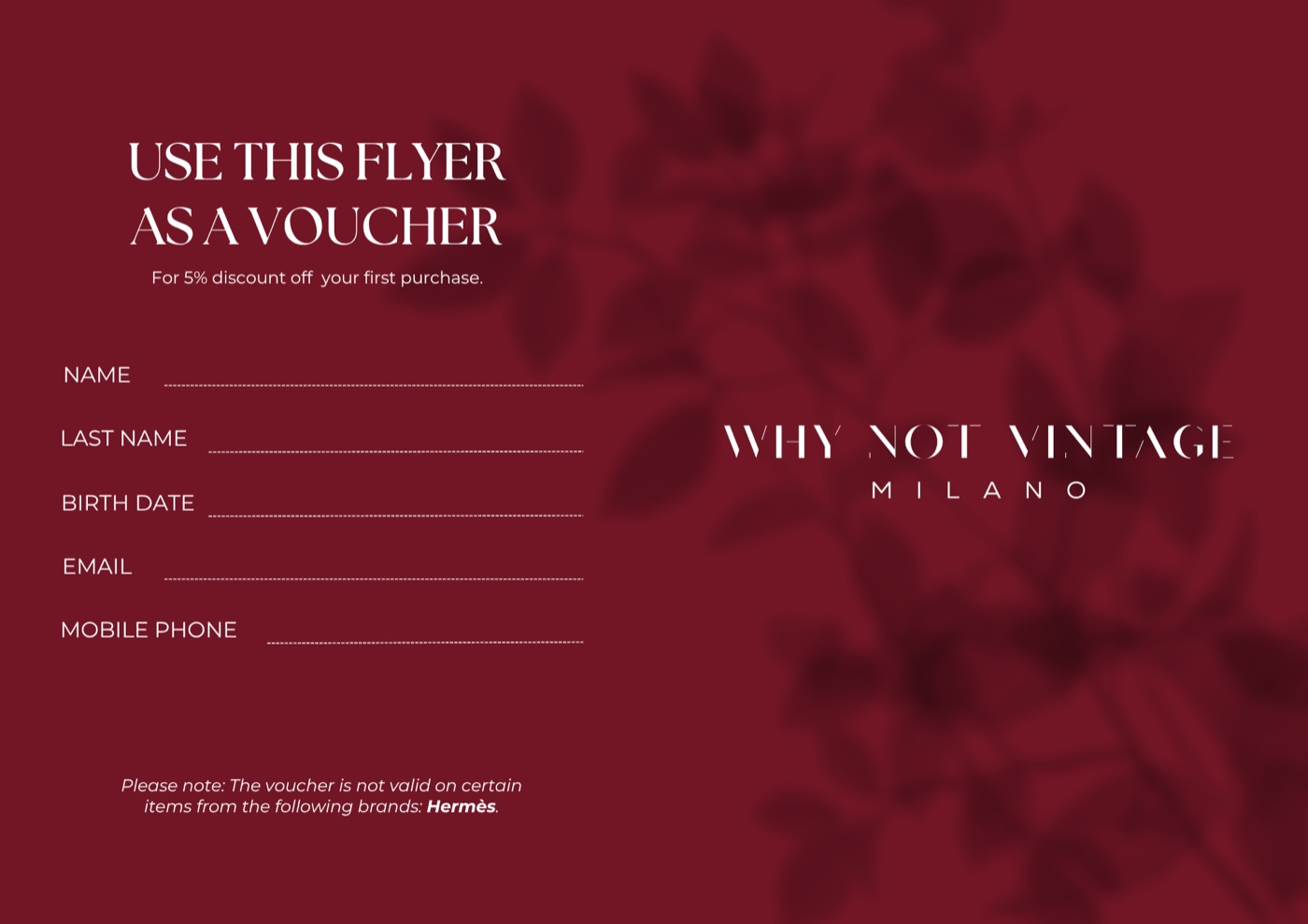 Flyer-ontwerp voor Why Not Vintage Milano, achterzijde met voucher